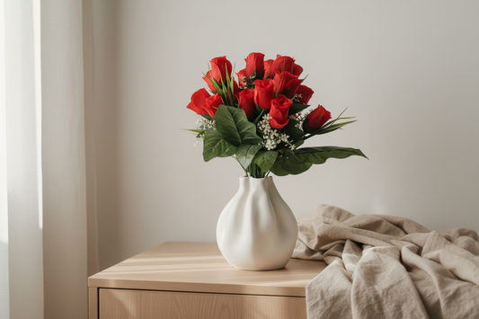 Japandi vase with roses vignette