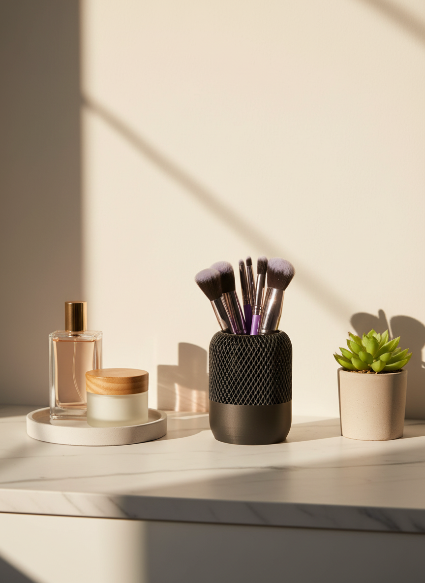 Textured Makeup Brush Holder – Modern 3D Printed Desk & Vanity Organizer